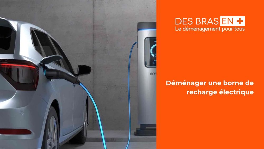 une voiture électrique qui charge sur une borne avec la bannière des bras en plus