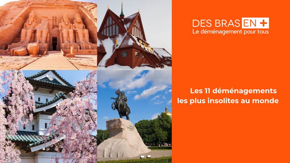 photos de temple d'Egypte, d'un château au Japon, d'une église en Suède et d'une statue de bronze en Russie avec la bannière Des Bras en Plus