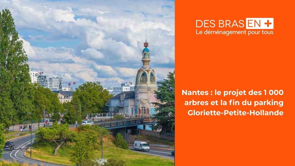Route à Nantes avec un monument historique, des arbres et la bannière des bras en plus