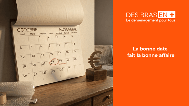 Un grand calendrier en papier est disposé sur une table, avec la date du "22 OCTOBRE" entourée en rouge, et le mot "DÉMÉNAGEMENT".