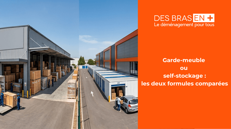 Garde-meuble vs self-stockage : un entrepôt de stockage industriel avec camion de déménagement et un centre de self-stockage moderne. 