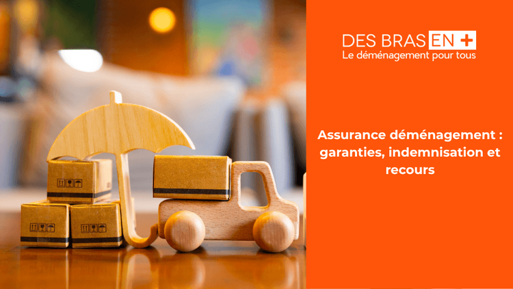 Illustration conceptuelle d'une assurance déménagement montrant un camion et des cartons protégés par un parapluie.
