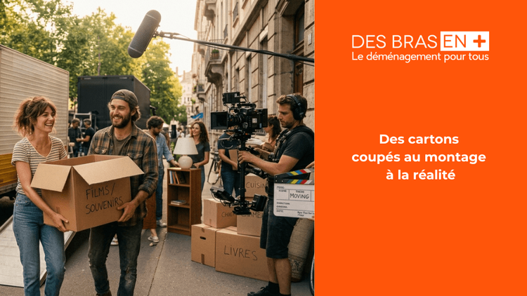 Tournage d'une scène de déménagement au cinéma montrant des acteurs déménageant devant un camion.