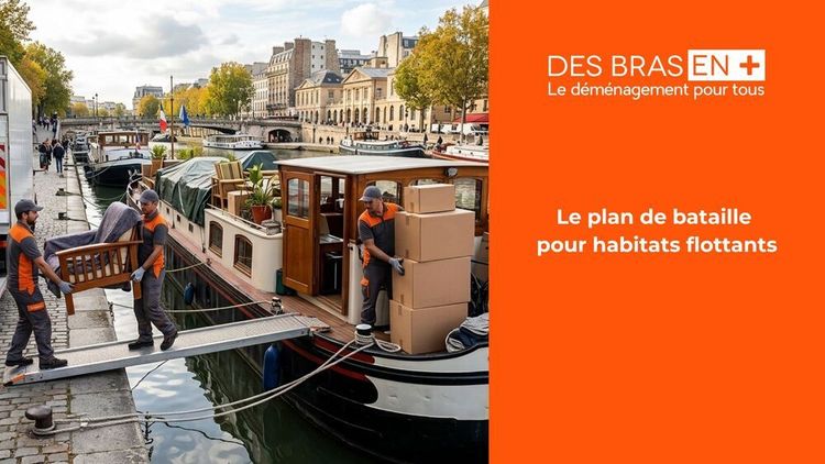 Une photo montrant un déménagement en cours le long d'un canal pavé à Paris,  sur une passerelle d'embarquement reliant le quai à la péniche.