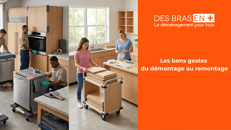 Un visuel montrant deux scénarios de déménagement d'une cuisine complète, avec à droite, une famille emballant de la vaisselle dans des cartons, et à gauche, des déménageurs professionnels protègent des appareils électroménagers encastrés.