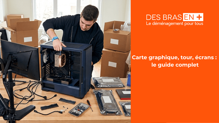 Un technicien assemble méticuleusement un PC gaming sur une table en bois jonchée d'écrans, de composants déballés, de câbles et d'outils.