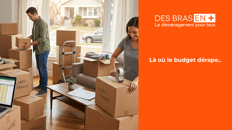 Un homme empile des cartons pendant qu'une femme scelle une boîte avec du ruban adhésif, dans un intérieur en plein déménagement.