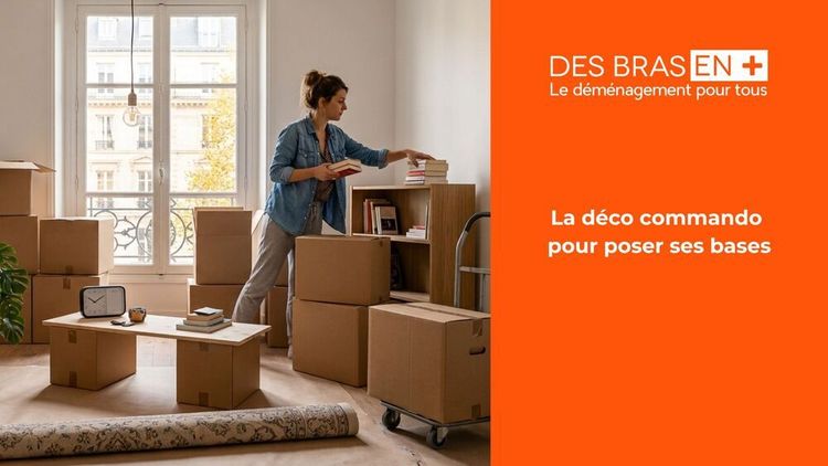 Un personnage dans un appartement haussmanniens rempli de cartons de déménagement place des livres sur une étagère.