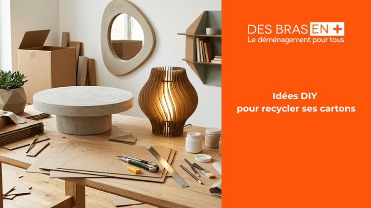 Atelier de création avec une table en bois et des objets déco design, ainsi que des cartons d'emballage près d'une fenêtre.
