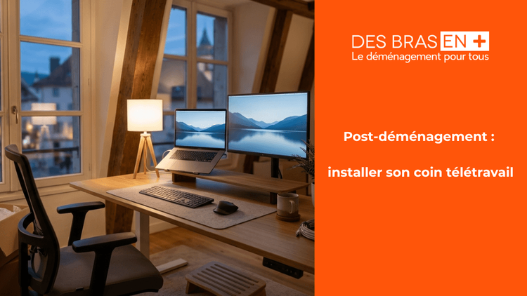 Un poste de télétravail ergonomique monté dans une pièce sous le toit, avec des cartons de déménagement en arrière-plan.