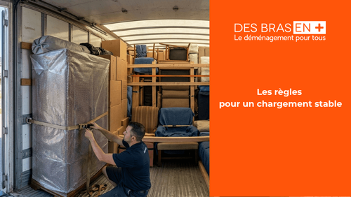 Gros plan d'un déménageur en uniforme sécurisant un grand meuble emballé dans du plastique à l'aide d’une sangle de calage à l'intérieur d'un utilitaire de déménagement entièrement chargé.