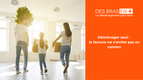Illustration pour un article sur les frais cachés d'un déménagement fait maison, montrant une famille transportant des cartons dans leur nouveau logement.