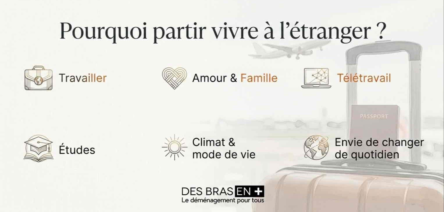 pictogrammes représentant les raisons pour partir vivre à l'étranger des bras en plus